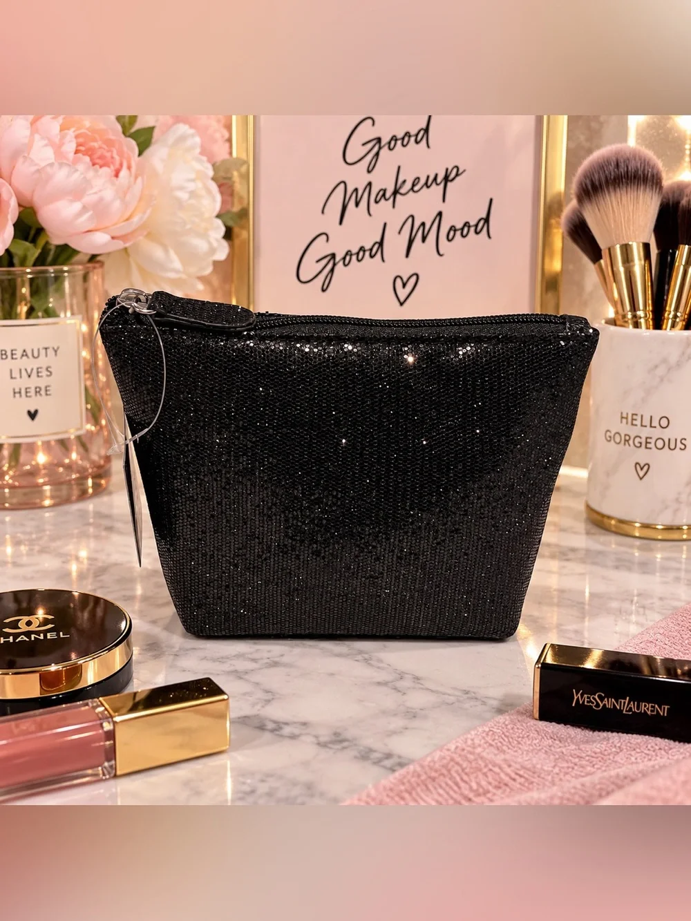 Black Sparkle Glitter Cosmetic Makeup Bag Pouch NWT